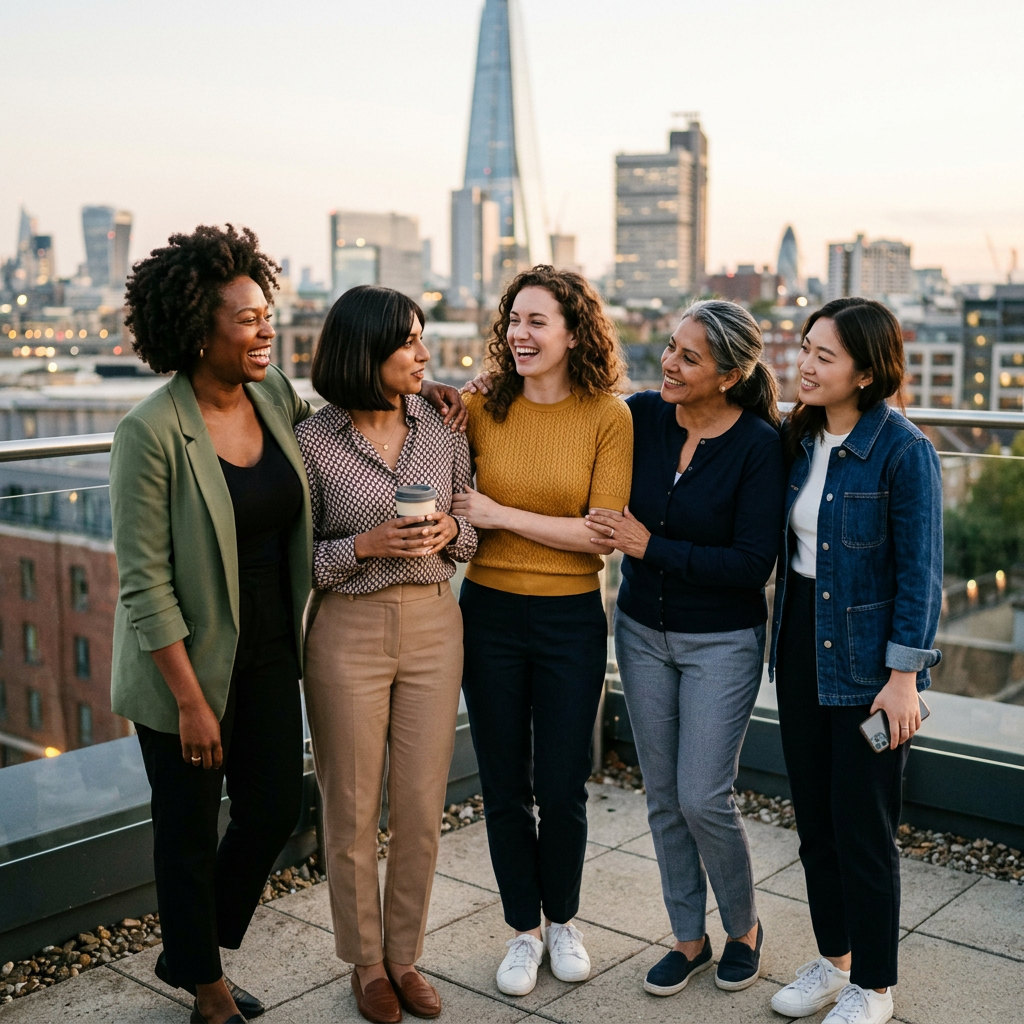 Five women laughing together on a rooftop overlooking London